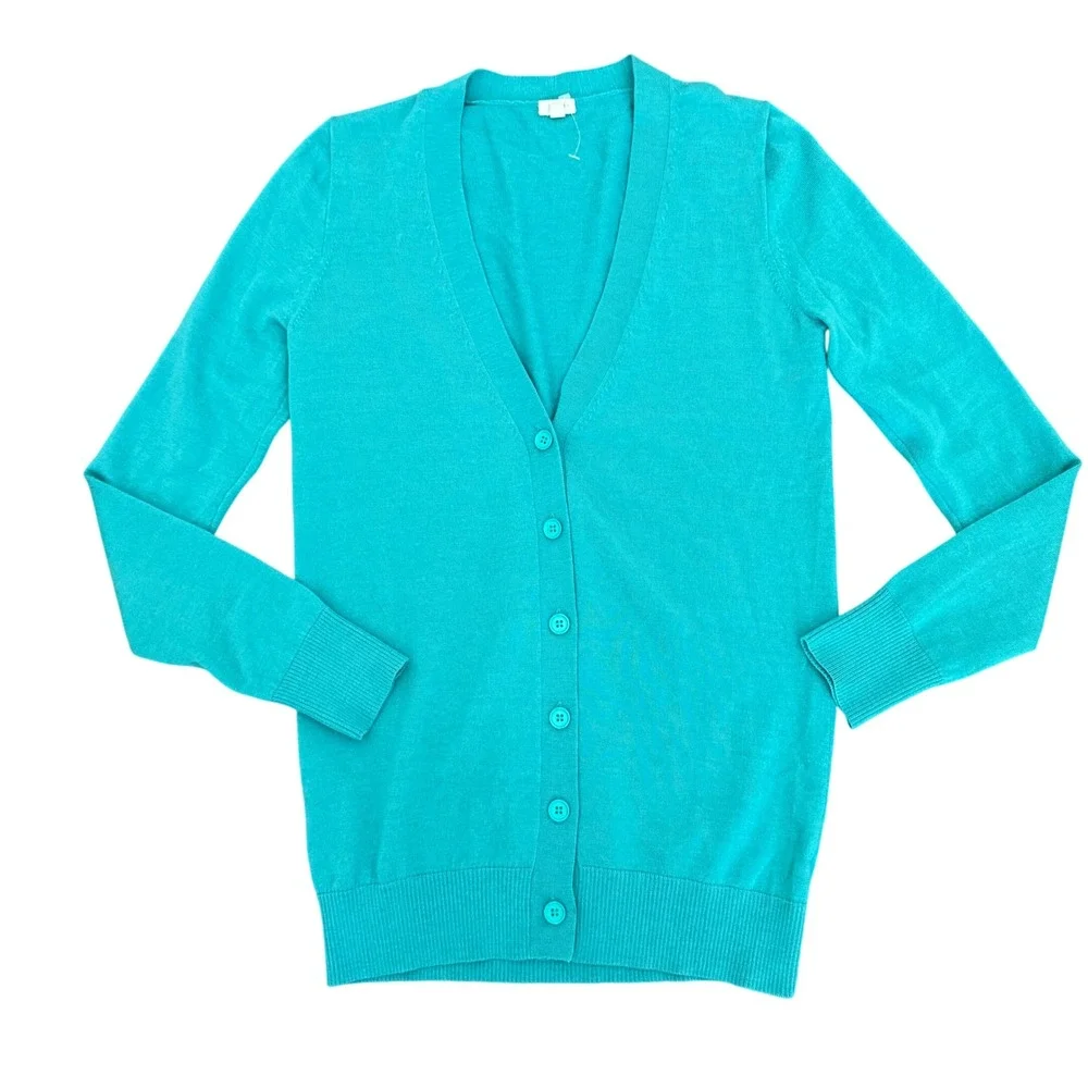 J. Crew XS Cardigan Sweater‎ 100% Merino Wool Teal Green Classic Knitwear Flaw